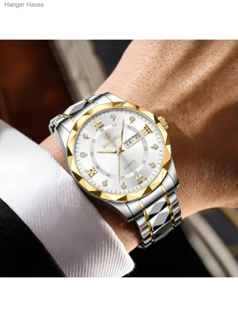 Men's Business Diamond Stainless Steel Quartz Watch Day-Date Calendar Roman
